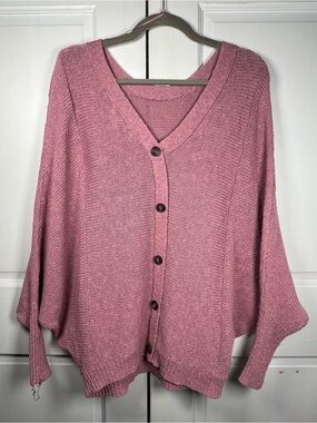 Ruby Moon Rose Pink V-Neck Back Button Knit Sweater Top Dolman Sleeves Sz Small